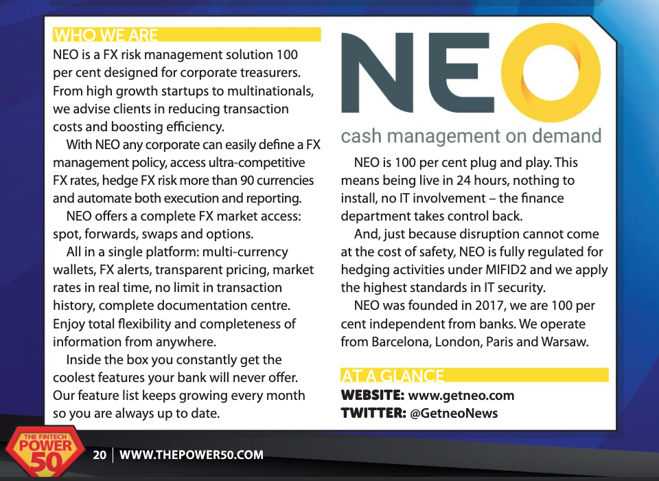 Neo's entry in the Fintech Power 50 Ones to Watch