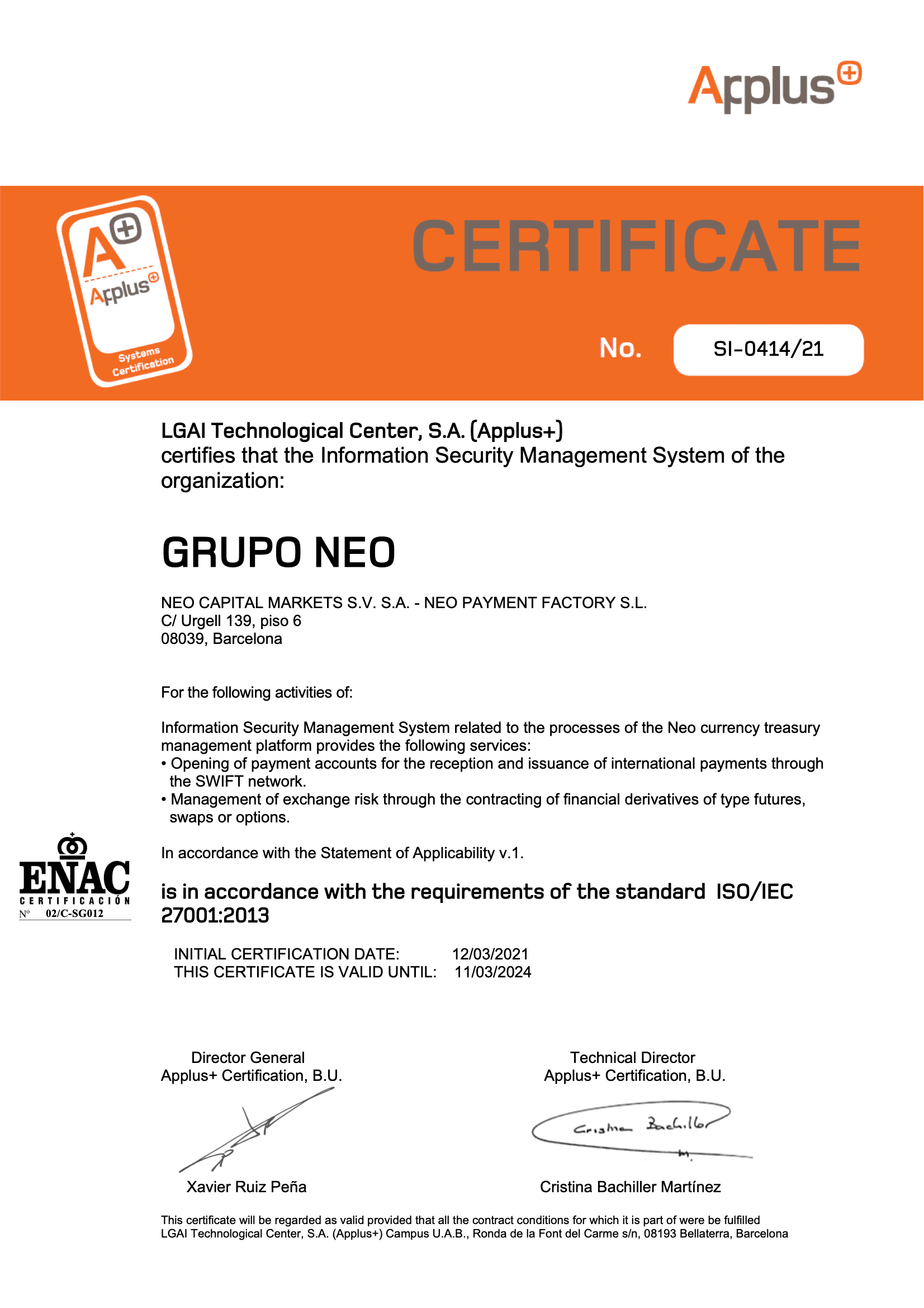 ISO 27001 certificate for Neo Group
